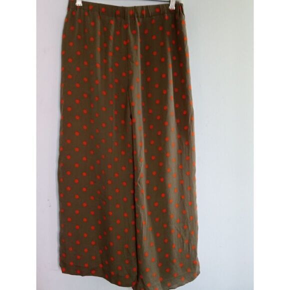 Theory Women Olive Green w/Orange Polka Dots 100% Silk Pant size Small - Picture 3 of 12